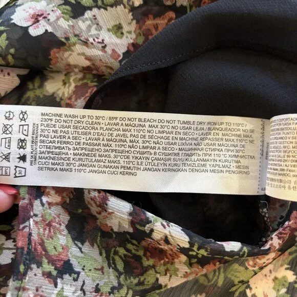 Mango Floral Print Sheer Blouse US 12 Black Multicolor Long Sleeve Lightweight - Picture 9 of 12